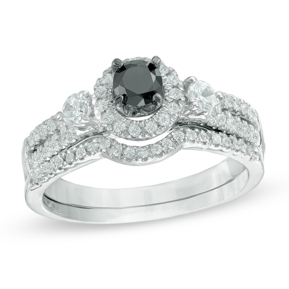 0.63 CT. T.W. Enhanced Black and White Diamond Frame Bridal Set in 10K White Gold