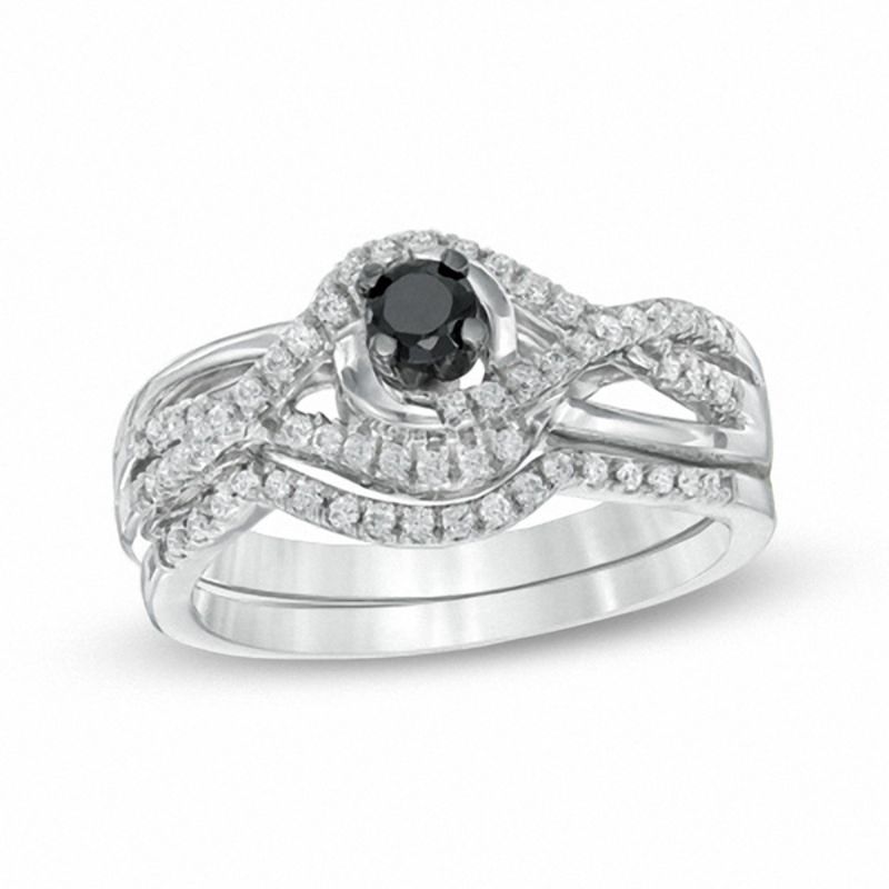 0.50 CT. T.W. Enhanced Black and White Diamond Swirl Bridal Set in 10K White Gold|Peoples Jewellers