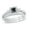 0.50 CT. T.W. Enhanced Black and White Diamond Three Stone Bridal Set in 10K White Gold