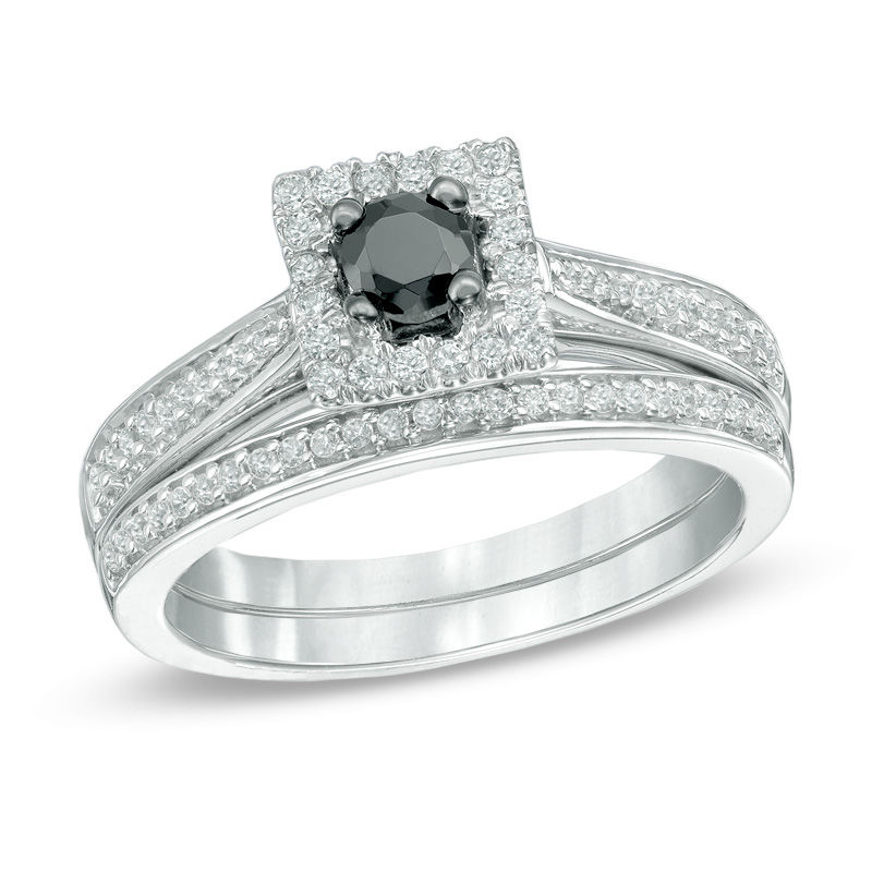 0.50 CT. T.W. Enhanced Black and White Diamond Square Frame Bridal Set in Sterling Silver|Peoples Jewellers