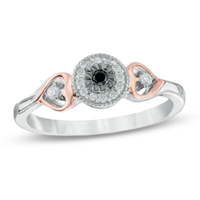 0.13 CT. T.W. Enhanced Black and White Diamond Heart Sides Promise Ring in Sterling Silver and 10K Rose Gold