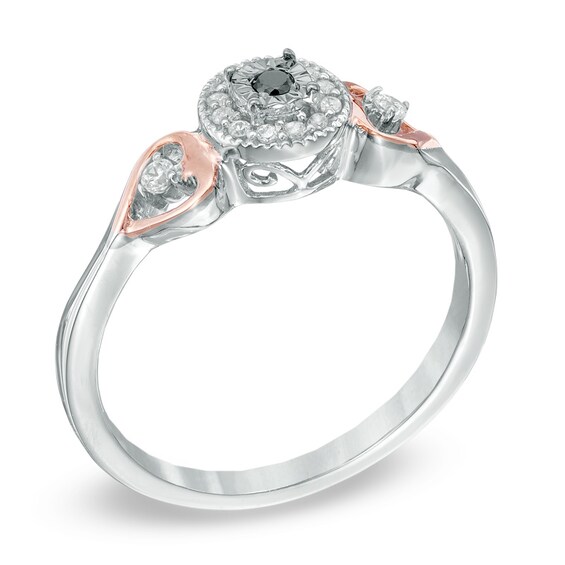 0.13 CT. T.W. Enhanced Black and White Diamond Heart Sides Promise Ring in Sterling Silver and 10K Rose Gold