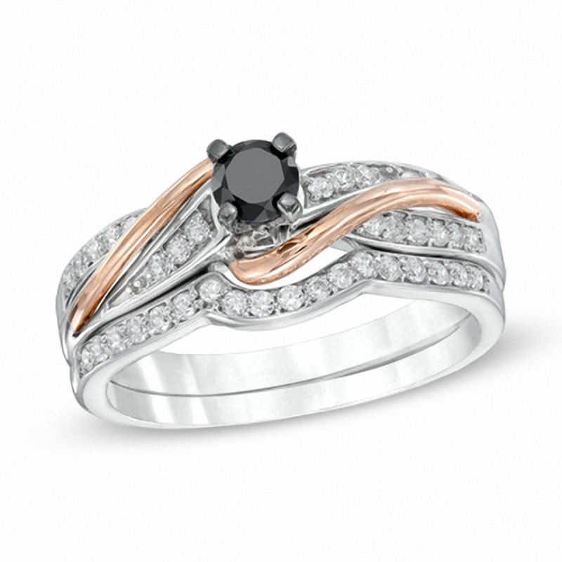 0.50 CT. T.W. Enhanced Black and White Diamond Bridal Set in Sterling Silver and 10K Rose Gold