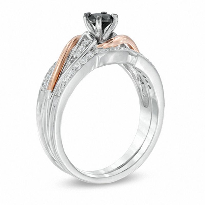 0.50 CT. T.W. Enhanced Black and White Diamond Bridal Set in Sterling Silver and 10K Rose Gold