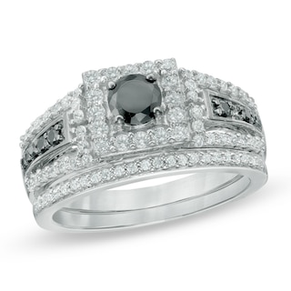 1.00 CT. T.W. Enhanced Black and White Diamond Square Frame Bridal Set in 10K White Gold