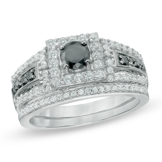 1.00 CT. T.W. Enhanced Black and White Diamond Square Frame Bridal Set in 10K White Gold