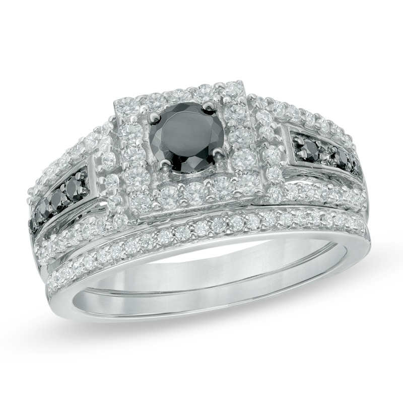 1.00 CT. T.W. Enhanced Black and White Diamond Square Frame Bridal Set in 10K White Gold|Peoples Jewellers