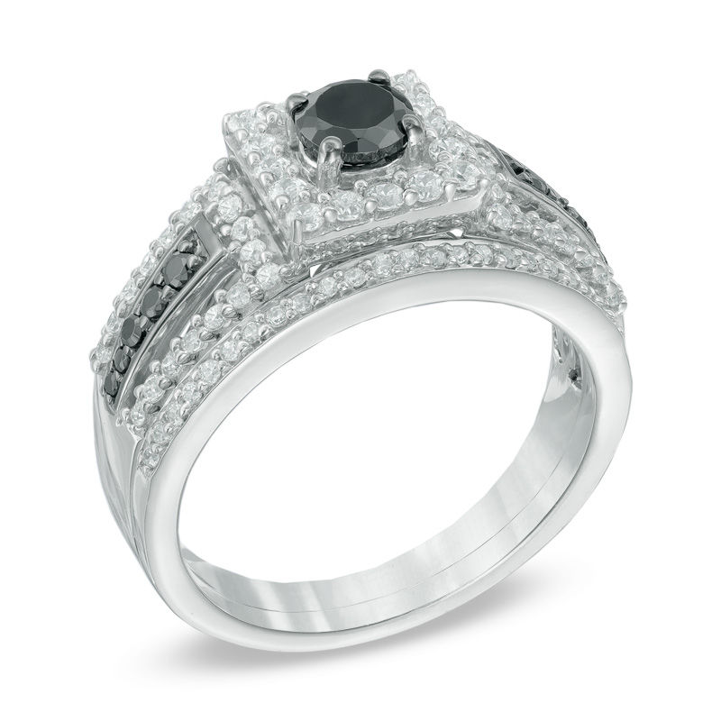 1.00 CT. T.W. Enhanced Black and White Diamond Square Frame Bridal Set in 10K White Gold|Peoples Jewellers