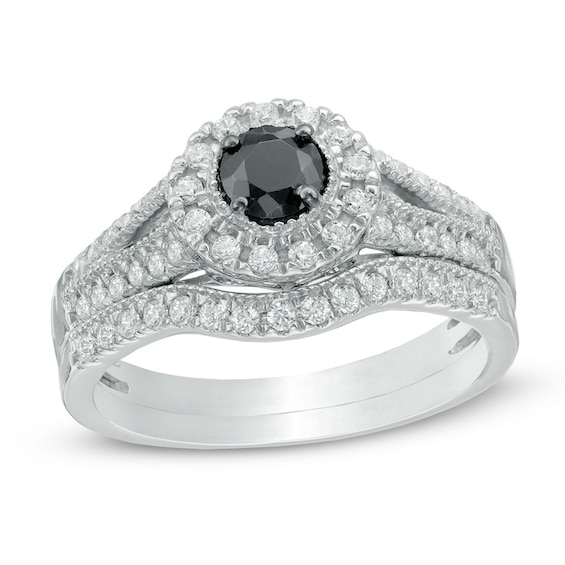 0.58 CT. T.W. Enhanced Black and White Diamond Frame Bridal Set in 10K White Gold