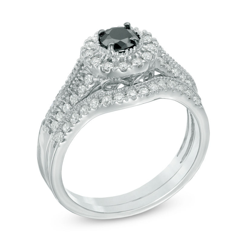 0.58 CT. T.W. Enhanced Black and White Diamond Frame Bridal Set in 10K White Gold|Peoples Jewellers