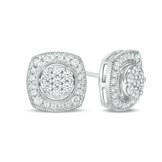 0.50 CT. T.W. Composite Diamond Cushion Frame Vintage-Style Stud Earrings in 10K White Gold