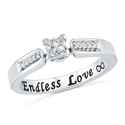 4.0mm Princess-Cut Lab-Created White Sapphire and Diamond Accent Promise Ring in 10K White Gold (1 Line)