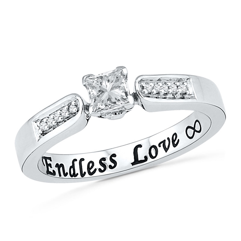 4.0mm Princess-Cut Lab-Created White Sapphire and Diamond Accent Promise Ring in 10K White Gold (1 Line)|Peoples Jewellers