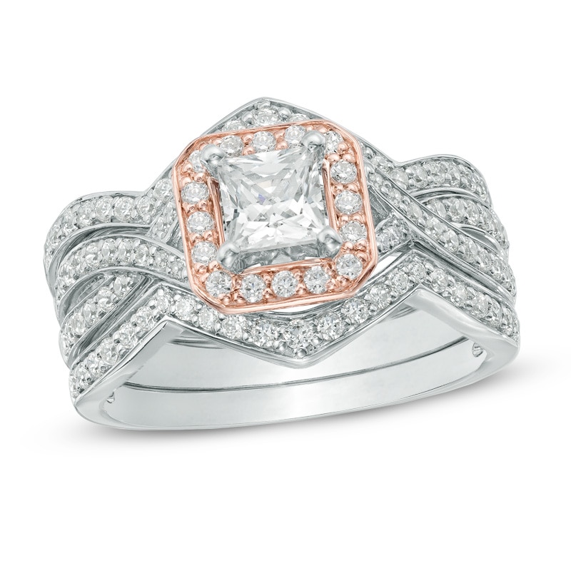 1.25 CT. T.W. Princess-Cut Diamond Chevron Three Piece Bridal Set in 14K Two-Tone Gold|Peoples Jewellers