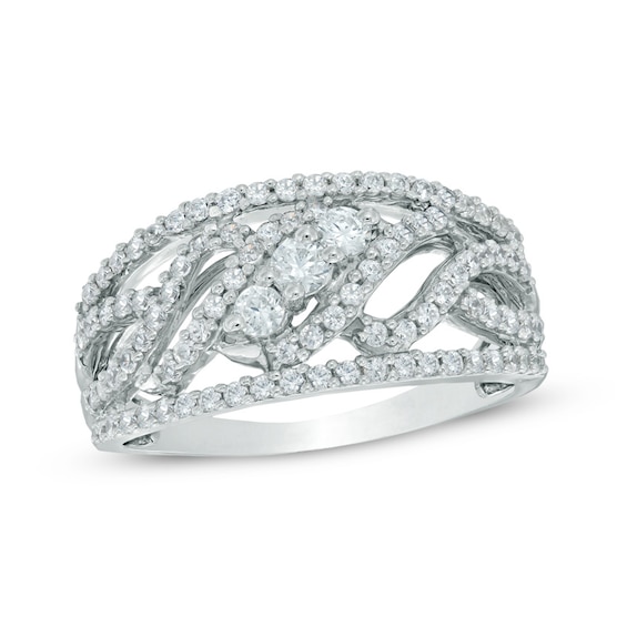 0.70 CT. T.W. Diamond Three Stone Wave Ring in 10K White Gold