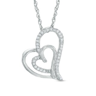 0.11 CT. T.W. Diamond Tilted Double Heart Pendant in 10K Gold