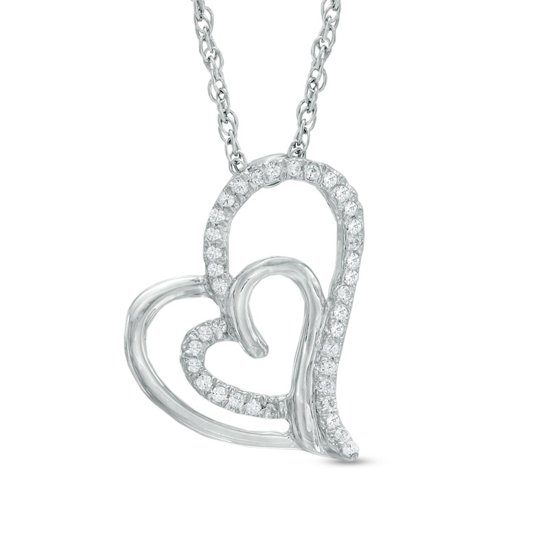 0.11 CT. T.W. Diamond Tilted Double Heart Pendant in 10K White Gold|Peoples Jewellers