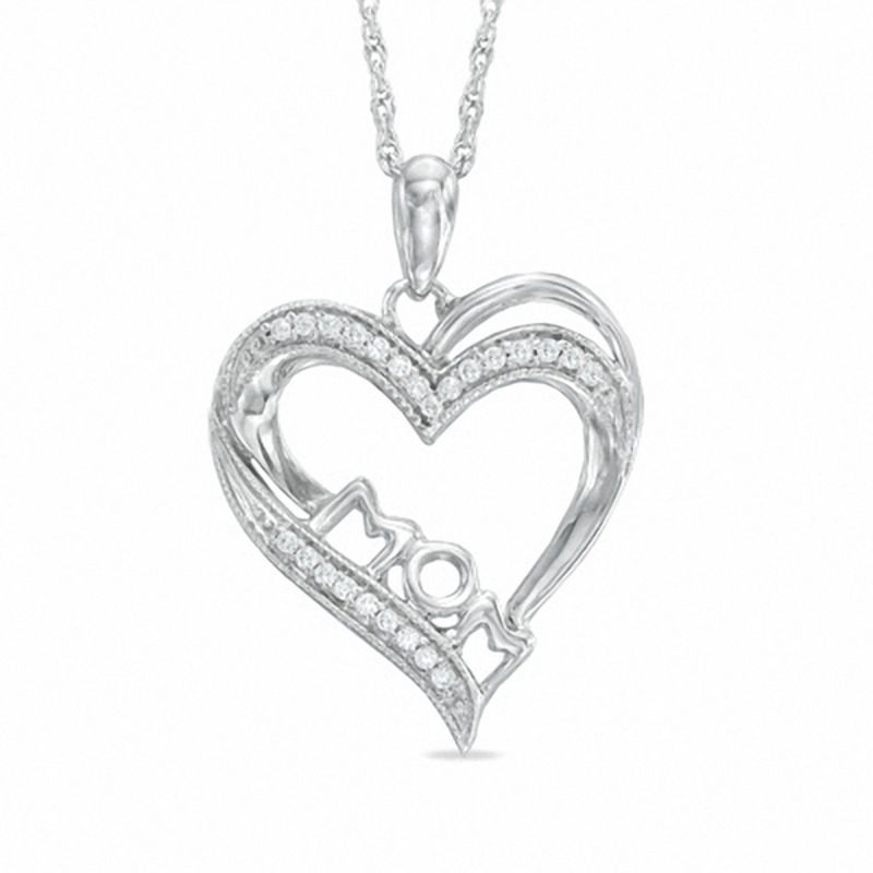 0.09 CT. T.W. Diamond Vintage-Style "MOM" Heart Pendant in Sterling Silver|Peoples Jewellers