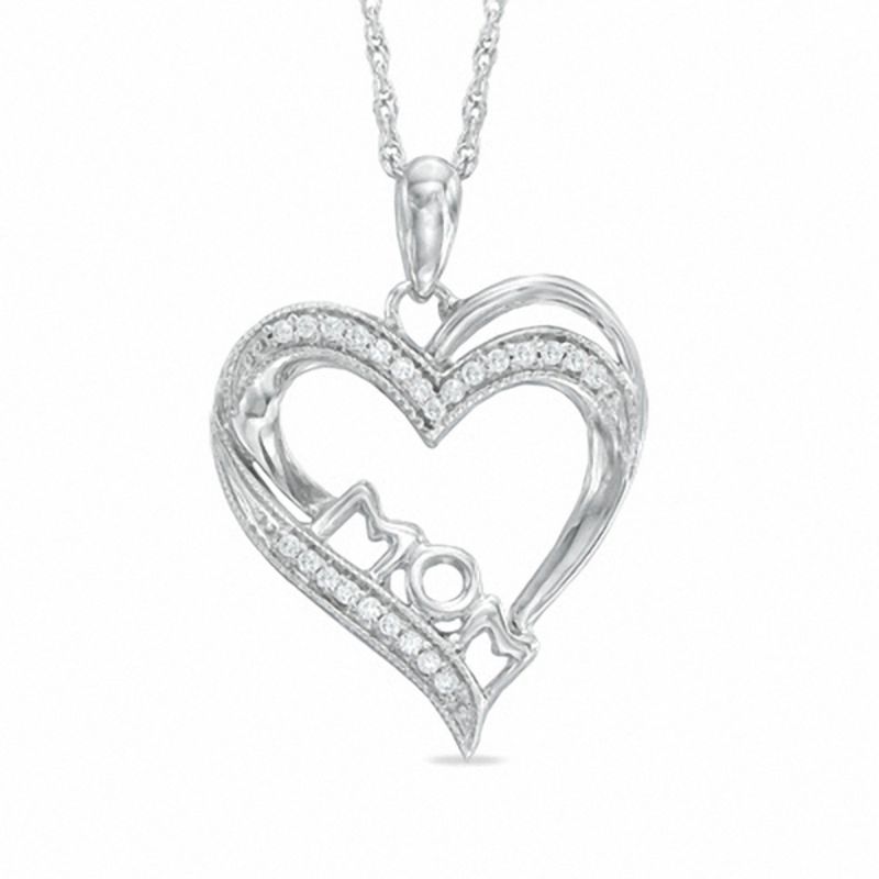 0.09 CT. T.W. Diamond Vintage-Style "MOM" Heart Pendant in Sterling Silver