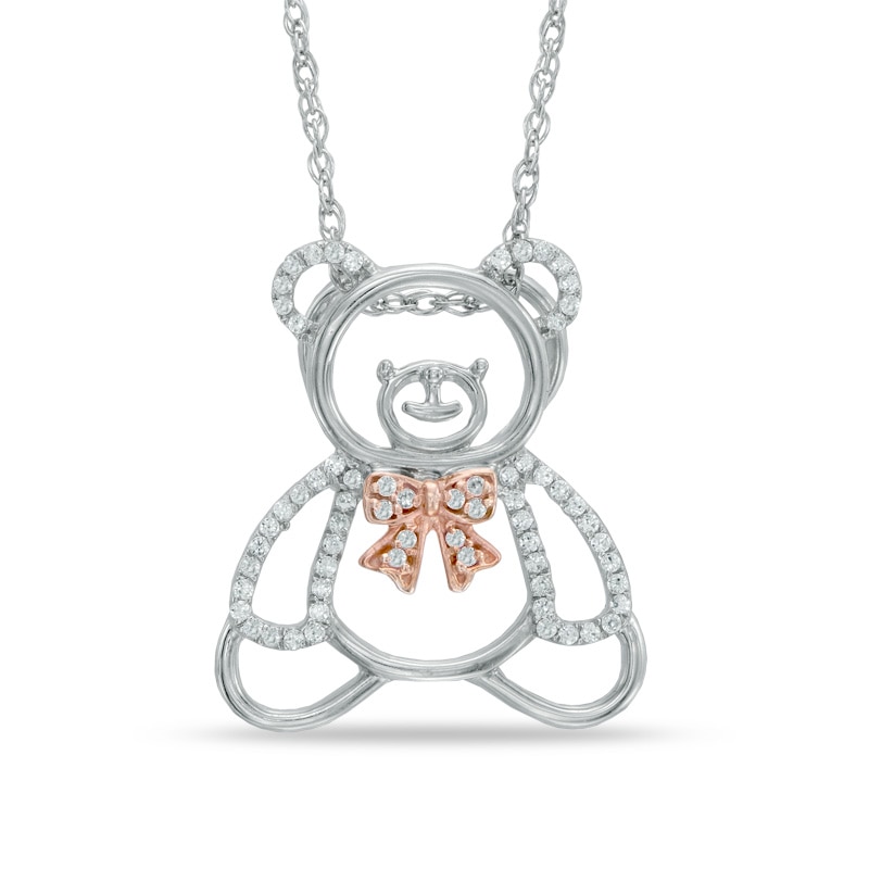 0.18 CT. T.W. Diamond Teddy Bear with Bow Pendant in Sterling Silver and 10K Rose Gold|Peoples Jewellers