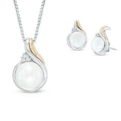 7.0-8.0mm Freshwater Cultured Pearl and Diamond Accent Pendant and Drop Earrings Set in Sterling Silver and 14K Gold