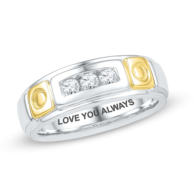 Men's 1/6 CT. T.W. Diamond Three Stone Wedding Band in Sterling Silver and 10K Gold (15 Characters)|Peoples Jewellers