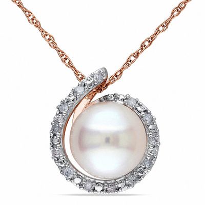 8.0-8.5mm Freshwater Cultured Pearl and Diamond Accent Loop Pendant in 10K Rose Gold-17"