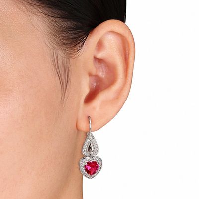 7.0mm Heart-Shaped Lab-Created Ruby and White Lab-Created Sapphire Frame Drop Earrings in Sterling Silver