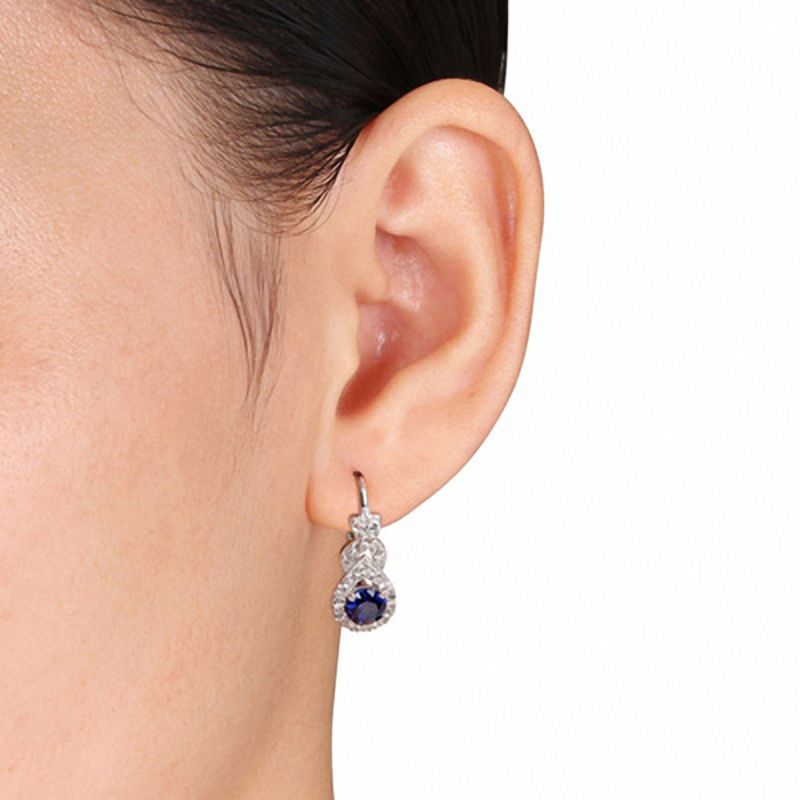 5.0mm Blue and White Lab-Created Sapphire Frame Twist Drop Earrings in Sterling Silver|Peoples Jewellers