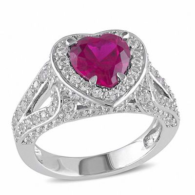 8.0mm Heart-Shaped Lab-Created Ruby and White Lab-Created Sapphire Frame Ring in Sterling Silver