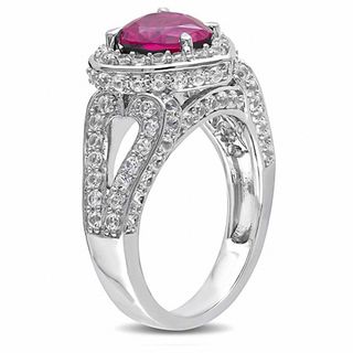 8.0mm Heart-Shaped Lab-Created Ruby and White Lab-Created Sapphire Frame Ring in Sterling Silver