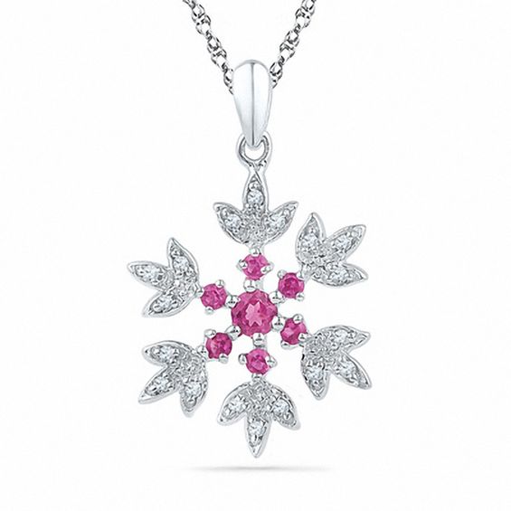 Pink Lab-Created Sapphire and 0.04 CT. T.W. Diamond Snowflake Pendant in Sterling Silver