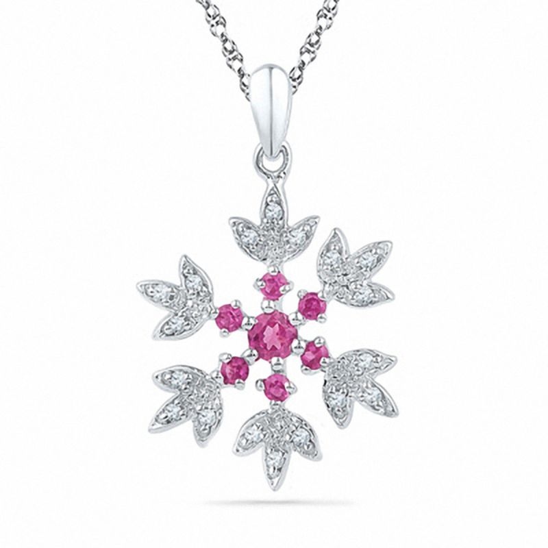 Pink Lab-Created Sapphire and 0.04 CT. T.W. Diamond Snowflake Pendant in Sterling Silver|Peoples Jewellers
