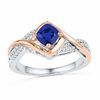 Thumbnail Image 0 of 5.0mm Cushion-Cut Blue Lab-Created Sapphire and 0.07 CT. T.W. Diamond Ring in Sterling Silver and 10K Rose Gold