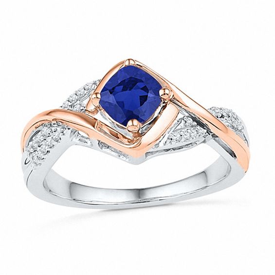 5.0mm Cushion-Cut Blue Lab-Created Sapphire and 0.07 CT. T.W. Diamond Ring in Sterling Silver and 10K Rose Gold