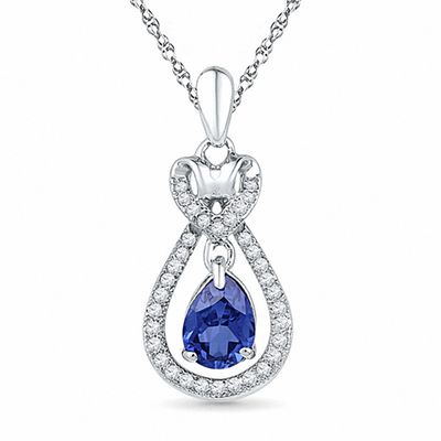 Pear-Shaped Lab-Created Blue Sapphire and 0.15 CT. T.W. Diamond Pendant in 10K White Gold