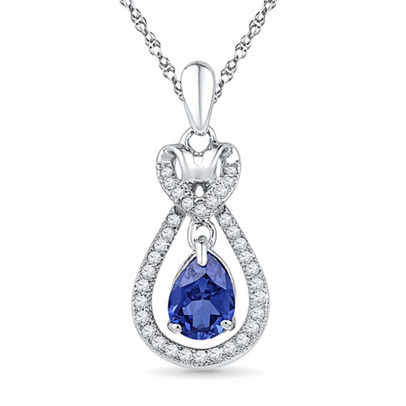 Pear-Shaped Lab-Created Blue Sapphire and 0.15 CT. T.W. Diamond Pendant in 10K White Gold|Peoples Jewellers