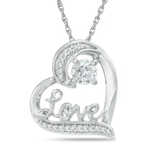 4.5mm Lab-Created White Sapphire and Diamond Accent "Love" Heart Pendant in Sterling Silver