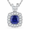 Thumbnail Image 0 of 8.0mm Cushion-Cut Lab-Created Blue and White Sapphire Frame Pendant in Sterling Silver