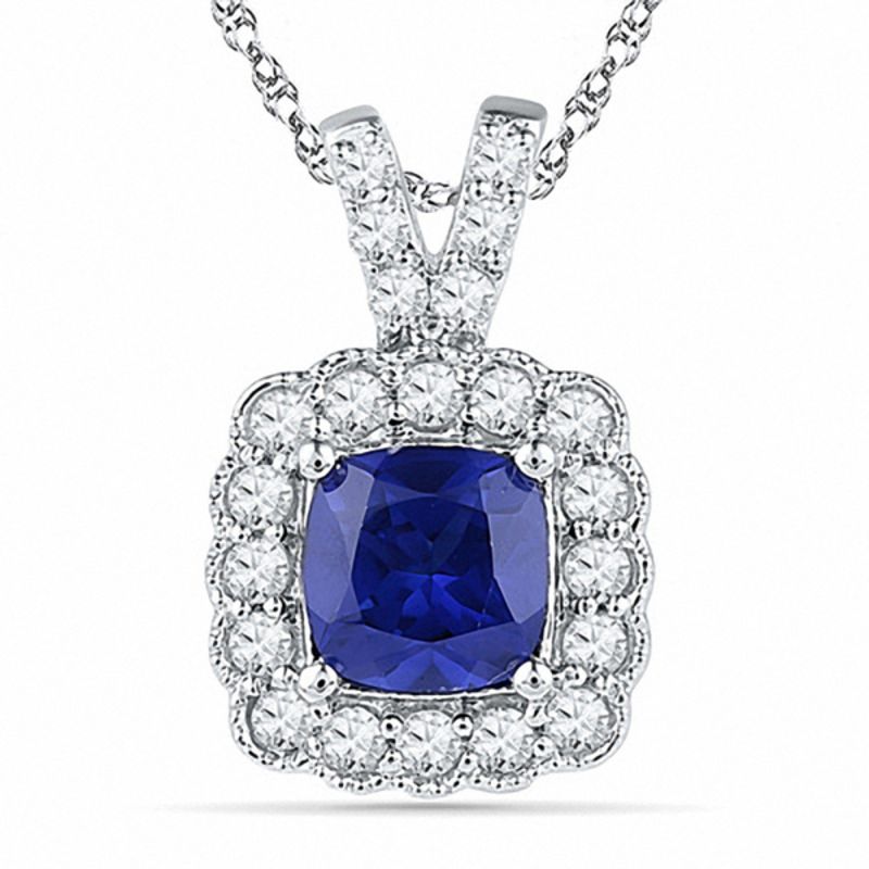 8.0mm Cushion-Cut Lab-Created Blue and White Sapphire Frame Pendant in Sterling Silver