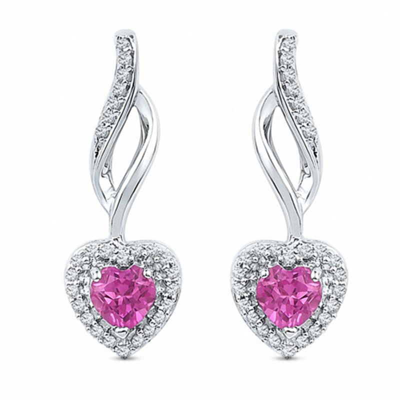4.0mm Heart-Shaped Lab-Created Pink Sapphire and 0.15 CT. T.W. Diamond Drop Earrings in Sterling Silver|Peoples Jewellers