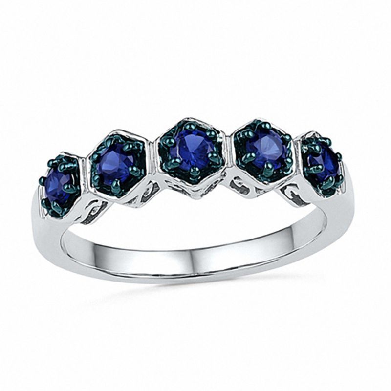 Blue Lab-Created Sapphire Hexagon Frame Five Stone Ring in Sterling Silver|Peoples Jewellers