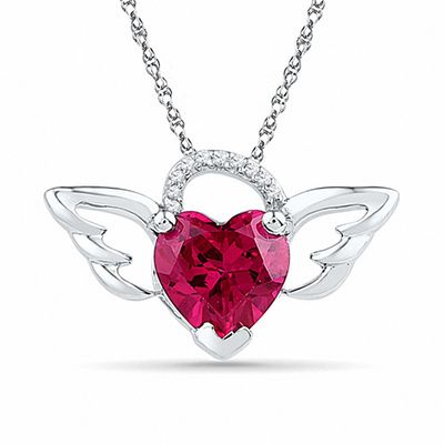 8.0mm Heart-Shaped Lab-Created Ruby and Diamond Accent Wings Pendant in Sterling Silver