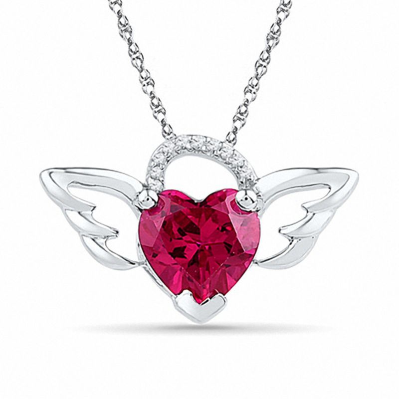 8.0mm Heart-Shaped Lab-Created Ruby and Diamond Accent Wings Pendant in Sterling Silver|Peoples Jewellers