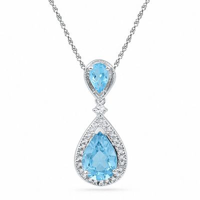 Pear-Shaped Blue Topaz, Lab-Created White Sapphire and Diamond Accent Pendant in Sterling Silver