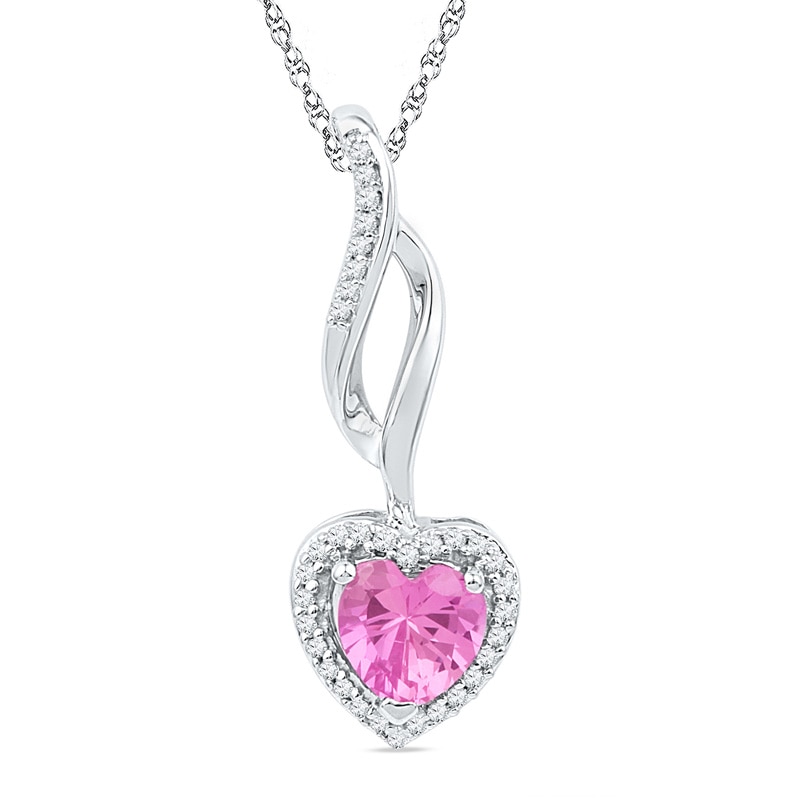 6.0mm Heart-Shaped Lab-Created Pink Sapphire and 0.09 CT. T.W. Diamond Swirl Pendant in Sterling Silver|Peoples Jewellers