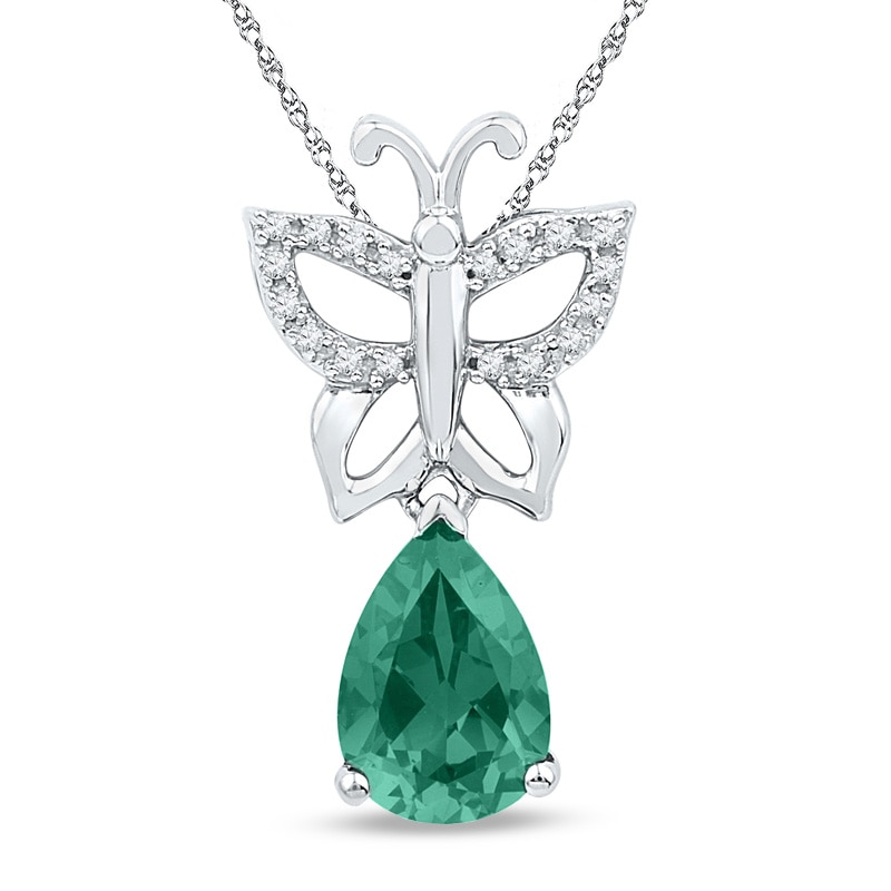Pear-Shaped Lab-Created Emerald and Diamond Accent Butterfly Drop Pendant in Sterling Silver|Peoples Jewellers