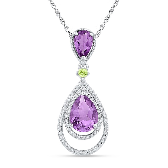 Pear-Shaped Amethyst, Peridot and 0.18 CT. T.W. Diamond Pendant in Sterling Silver