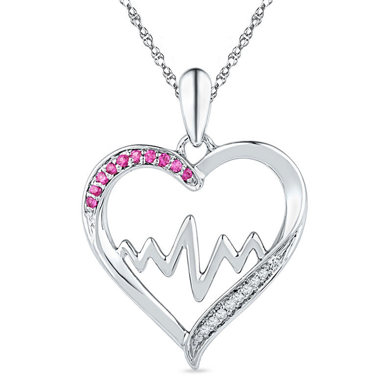 Lab-Created Pink Sapphire and Diamond Accent Heartbeat Heart Pendant in Sterling Silver|Peoples Jewellers