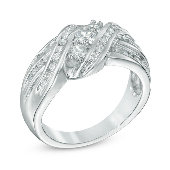 0.70 CT. T.W. Diamond Three Stone Slant Ring in 10K White Gold